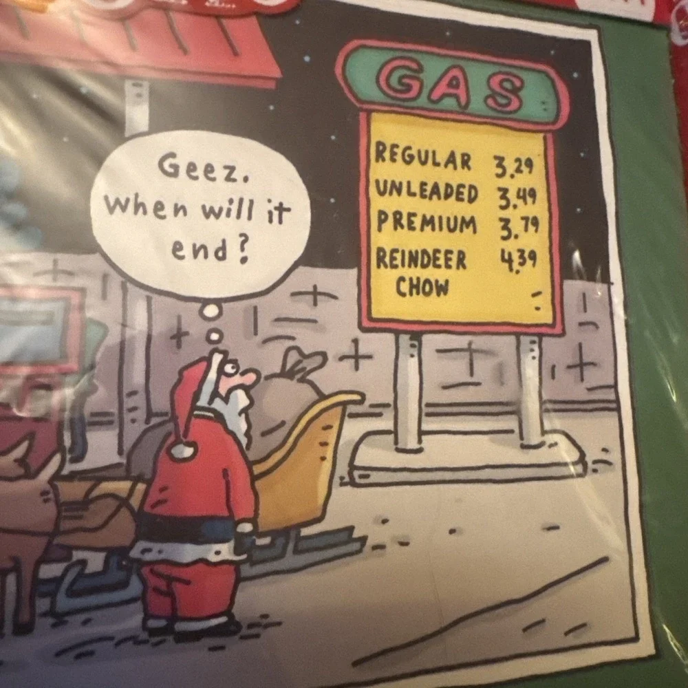 Funny Xmas Cards 18 W/ Envelope Santa Gas Stasion When Wil It Stop Holiday Humor